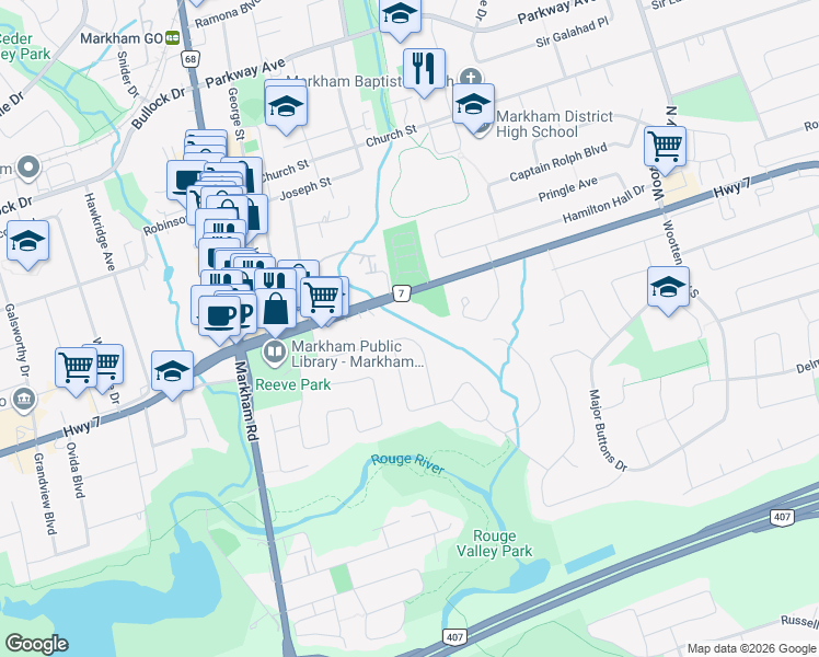 map of restaurants, bars, coffee shops, grocery stores, and more near 24 Rougecrest Drive in Markham