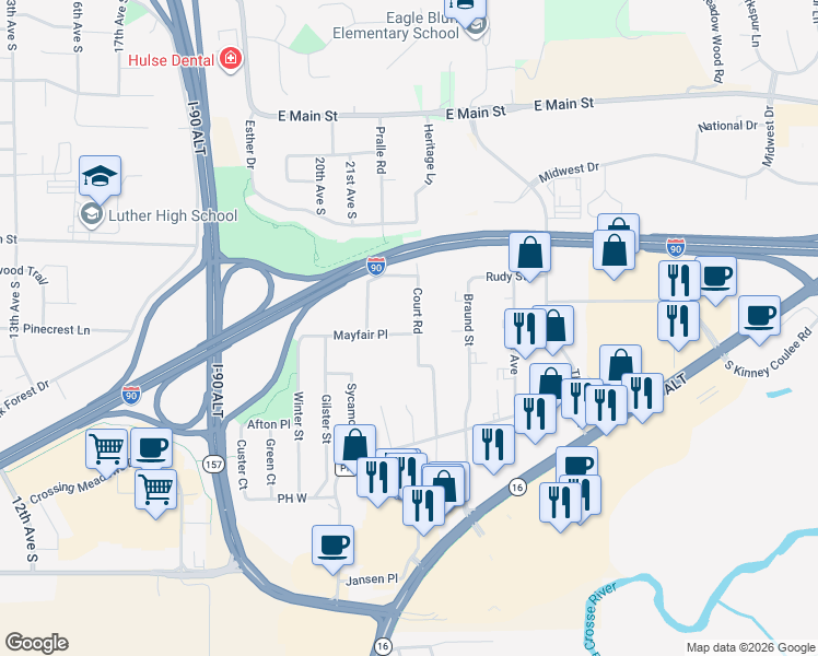 map of restaurants, bars, coffee shops, grocery stores, and more near 553 Court Road in Onalaska