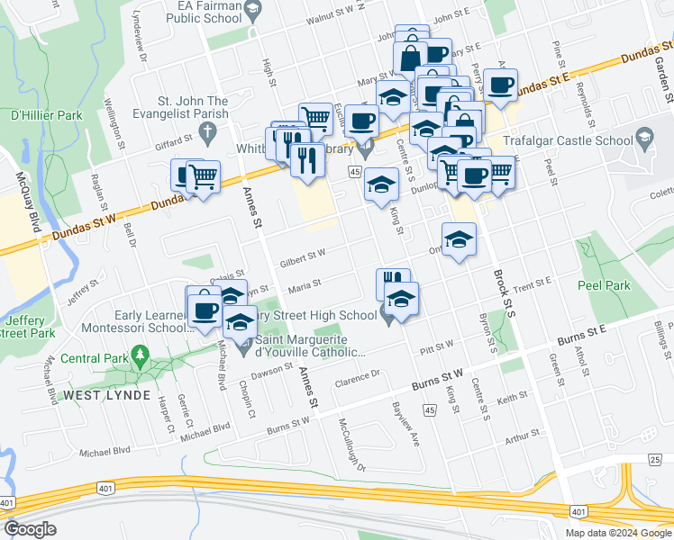 map of restaurants, bars, coffee shops, grocery stores, and more near 606 Maria Street in Whitby