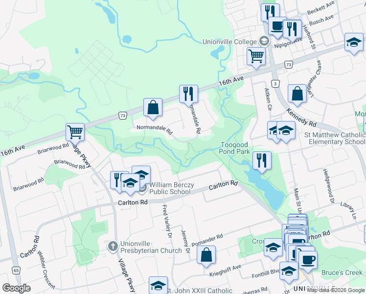 map of restaurants, bars, coffee shops, grocery stores, and more near 60 Normandale Road in Markham