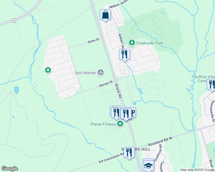 map of restaurants, bars, coffee shops, grocery stores, and more near 2590 Brock Road in Pickering