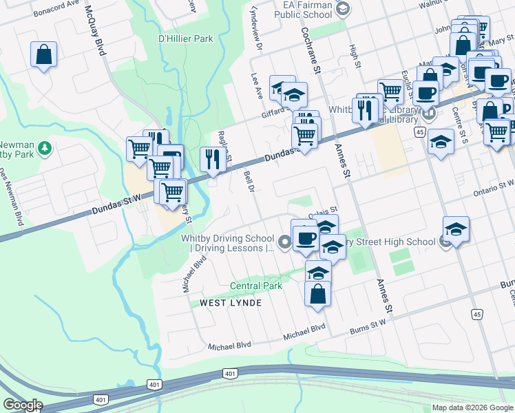 map of restaurants, bars, coffee shops, grocery stores, and more near Bell Drive in Whitby