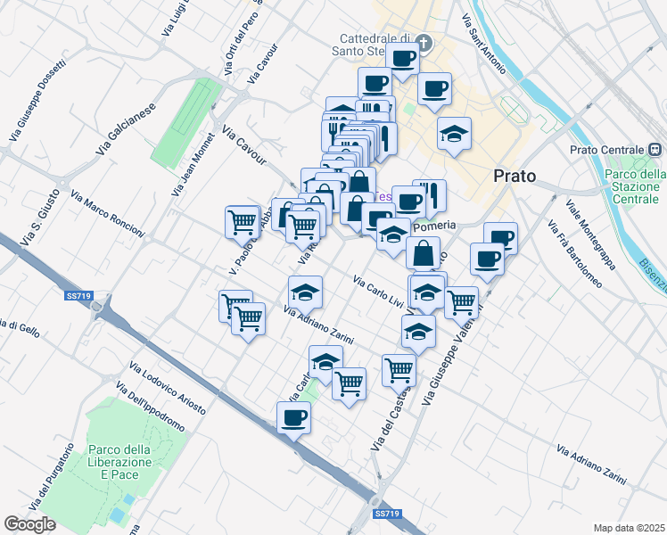 map of restaurants, bars, coffee shops, grocery stores, and more near 5 Via Alessandro Lazzerini in Prato