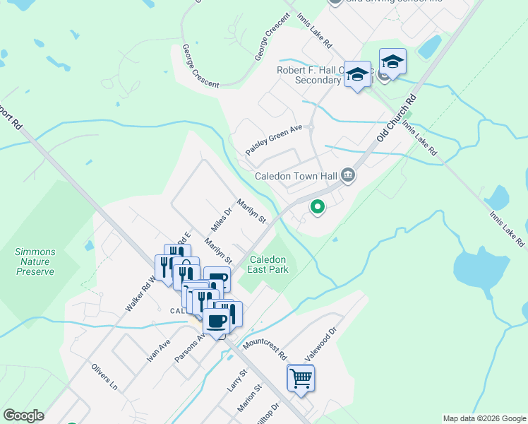 map of restaurants, bars, coffee shops, grocery stores, and more near 86 Marilyn Street in Caledon East