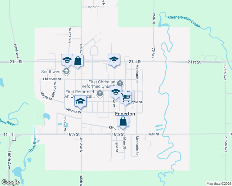 map of restaurants, bars, coffee shops, grocery stores, and more near 150 Center Street South in Edgerton