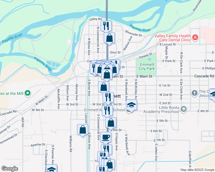 map of restaurants, bars, coffee shops, grocery stores, and more near 124 South Washington Avenue in Emmett