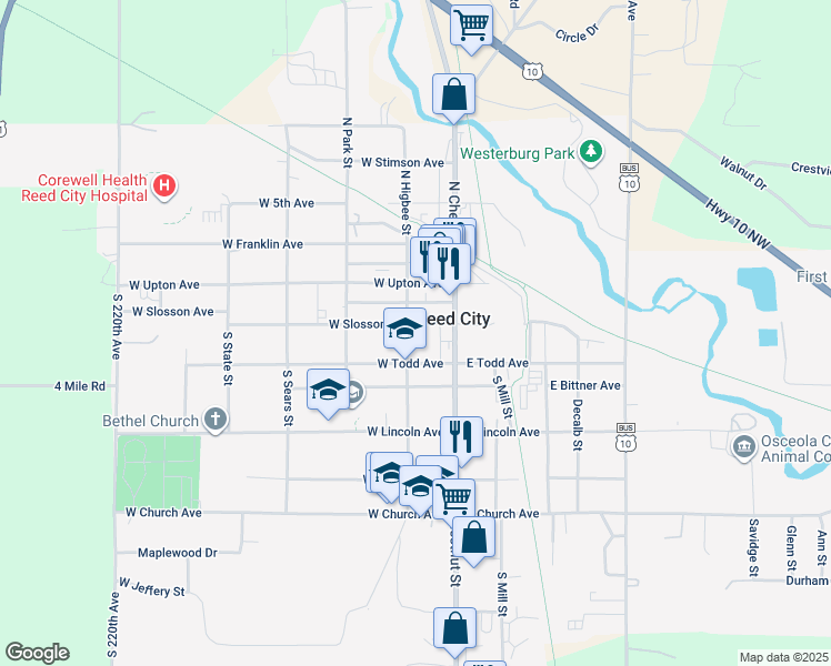 map of restaurants, bars, coffee shops, grocery stores, and more near 214 West Slosson Avenue in Reed City