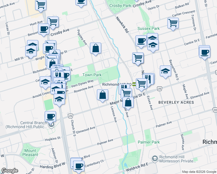 map of restaurants, bars, coffee shops, grocery stores, and more near 68 Dunsmore Crescent in Richmond Hill