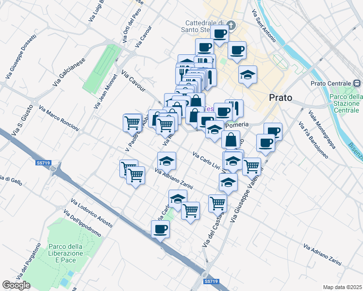 map of restaurants, bars, coffee shops, grocery stores, and more near 5 Via Alessandro Lazzerini in Prato
