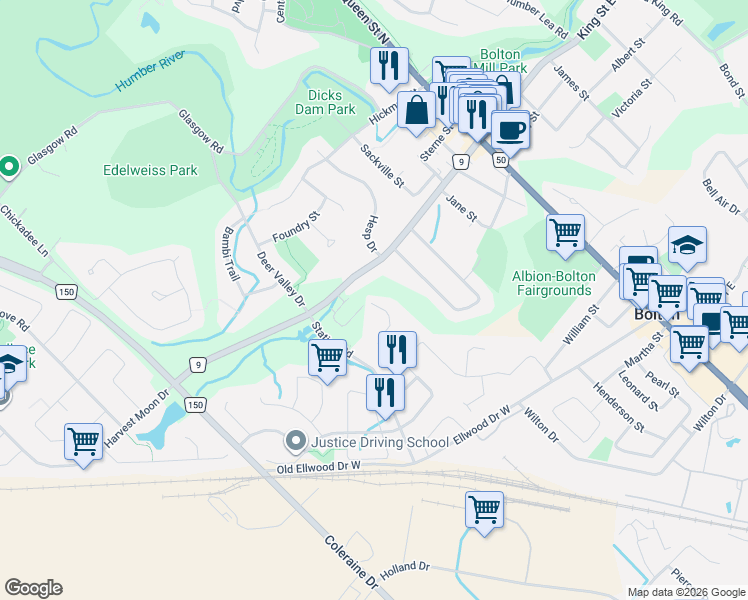 map of restaurants, bars, coffee shops, grocery stores, and more near 134 Rolling Hills Lane in Bolton