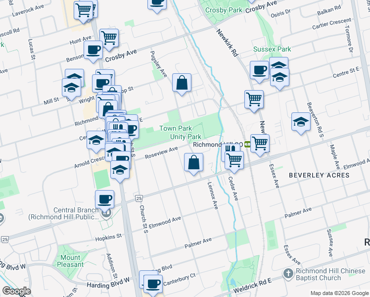 map of restaurants, bars, coffee shops, grocery stores, and more near 126 Roseview Avenue in Richmond Hill
