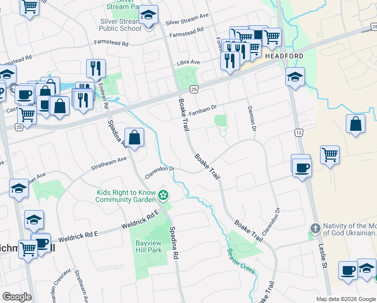 map of restaurants, bars, coffee shops, grocery stores, and more near 218 Boake Trail in Richmond Hill