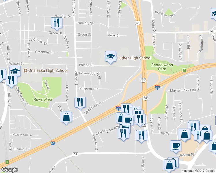 map of restaurants, bars, coffee shops, grocery stores, and more near 1342 Barson Court in Onalaska