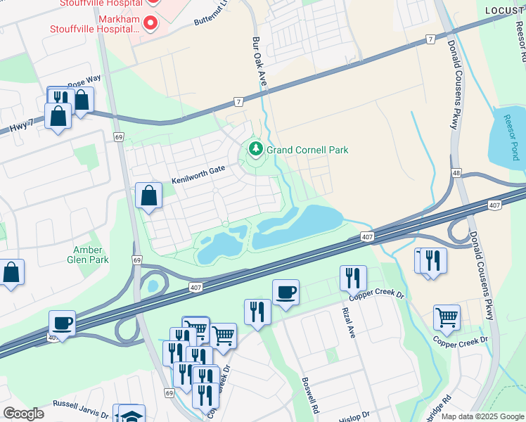 map of restaurants, bars, coffee shops, grocery stores, and more near 29 Oakmoor Lane in Markham