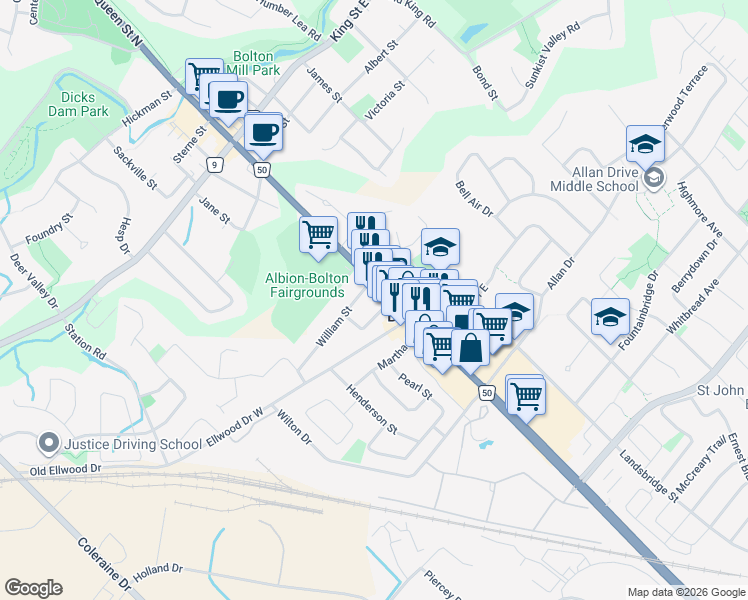 map of restaurants, bars, coffee shops, grocery stores, and more near 16 William Street in Bolton