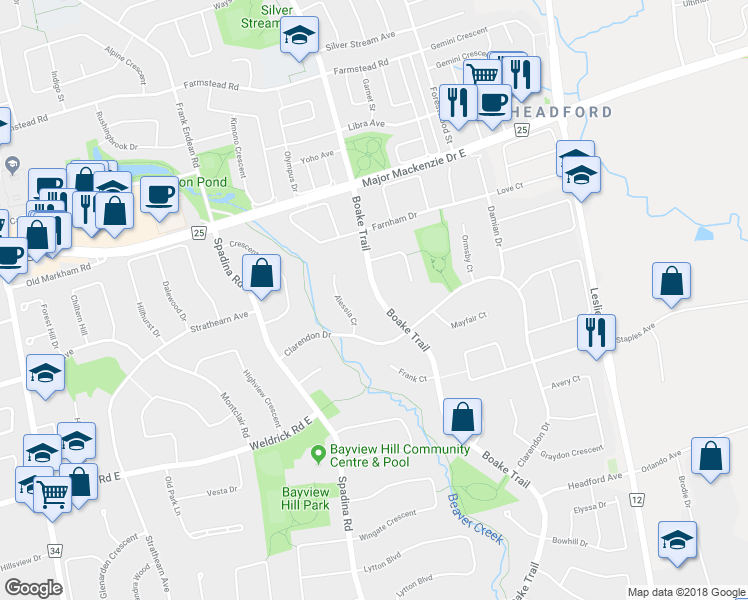 map of restaurants, bars, coffee shops, grocery stores, and more near 218 Boake Trail in Richmond Hill