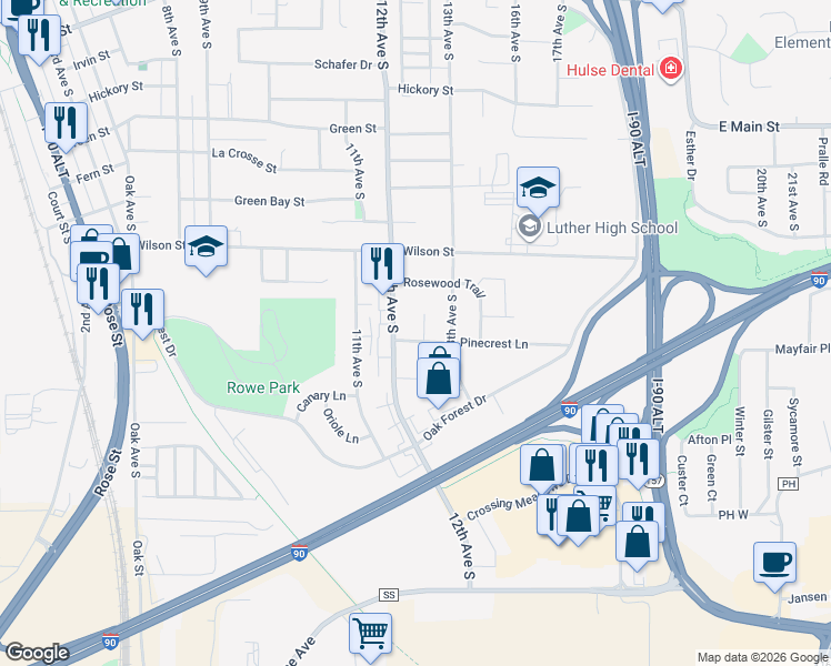 map of restaurants, bars, coffee shops, grocery stores, and more near 821 12th Avenue South in Onalaska