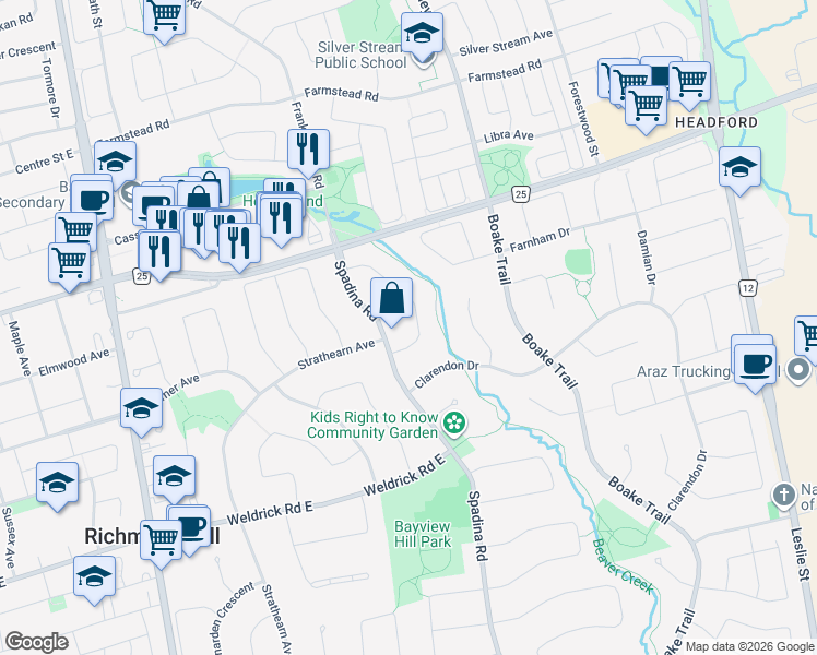 map of restaurants, bars, coffee shops, grocery stores, and more near 20 Crescentview Road in Richmond Hill