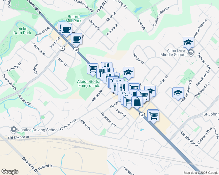 map of restaurants, bars, coffee shops, grocery stores, and more near 16 William Street in Bolton