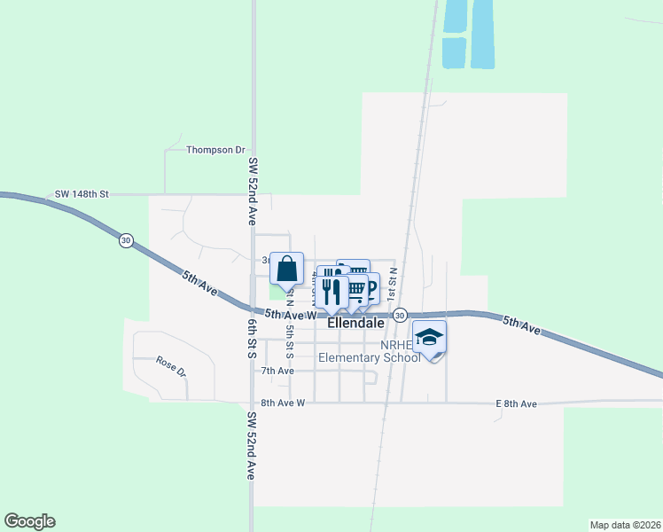 map of restaurants, bars, coffee shops, grocery stores, and more near 304 3rd Avenue in Ellendale