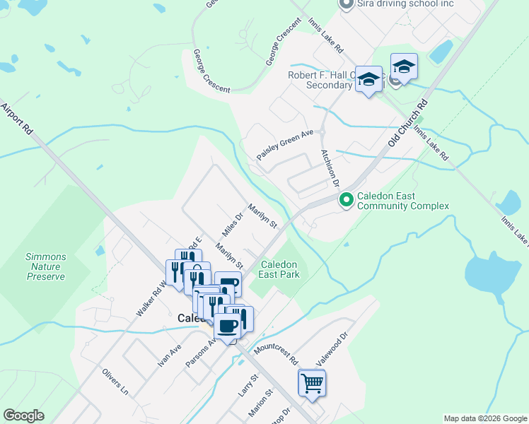 map of restaurants, bars, coffee shops, grocery stores, and more near 82 Marilyn Street in Caledon