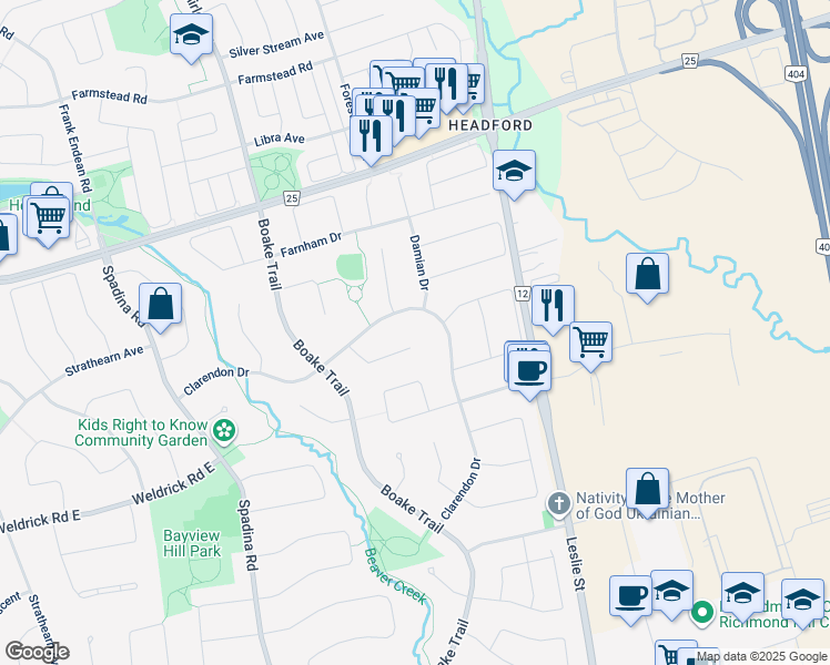 map of restaurants, bars, coffee shops, grocery stores, and more near 36 Mayfair Court in Richmond Hill