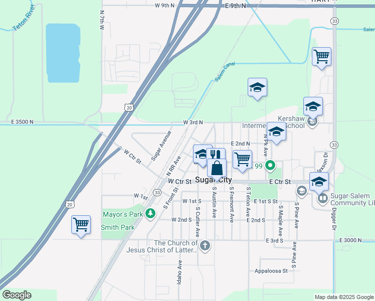 map of restaurants, bars, coffee shops, grocery stores, and more near 205 B Street in Sugar City