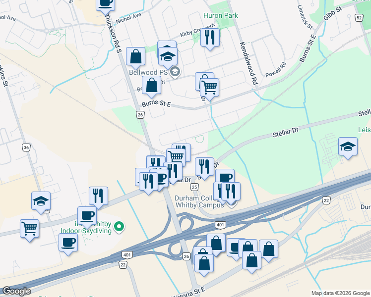 map of restaurants, bars, coffee shops, grocery stores, and more near 16 Arbuckle Way in Whitby