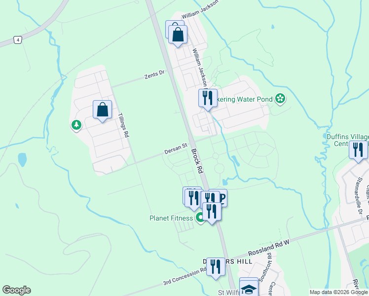 map of restaurants, bars, coffee shops, grocery stores, and more near 1695 Dersan Street in Pickering