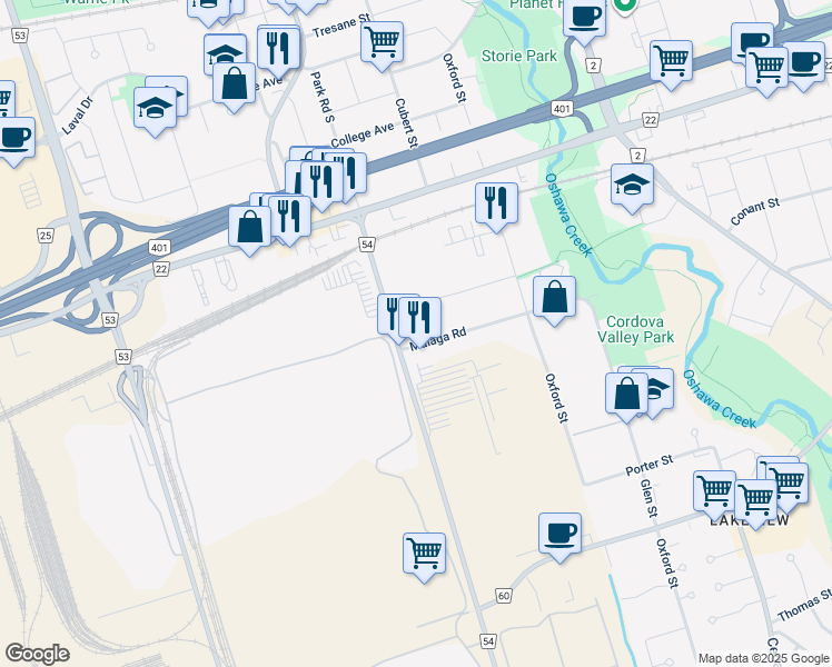 map of restaurants, bars, coffee shops, grocery stores, and more near 781 Park Road South in Oshawa