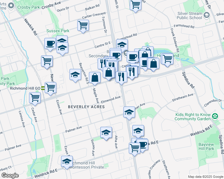 map of restaurants, bars, coffee shops, grocery stores, and more near in Richmond Hill