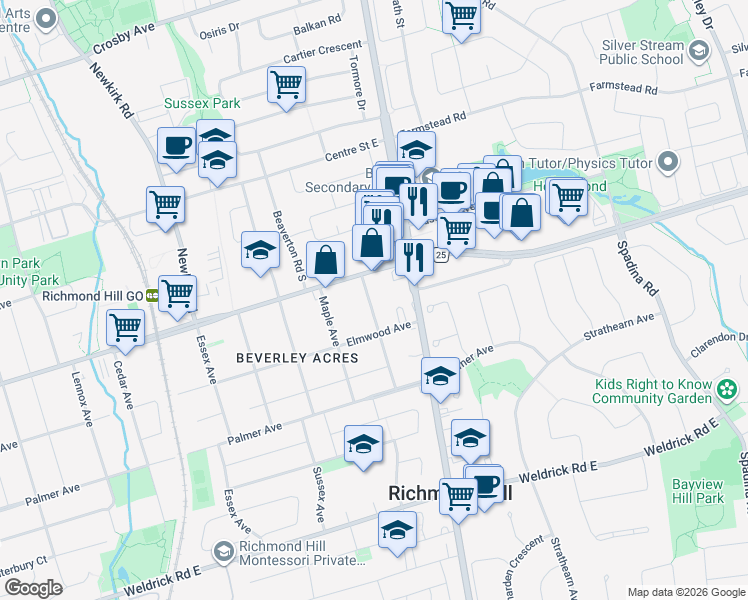 map of restaurants, bars, coffee shops, grocery stores, and more near 165 Colborne Avenue in Richmond Hill