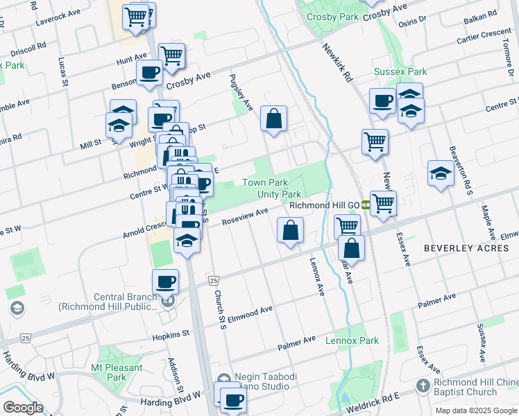 map of restaurants, bars, coffee shops, grocery stores, and more near 115 Roseview Avenue in Richmond Hill