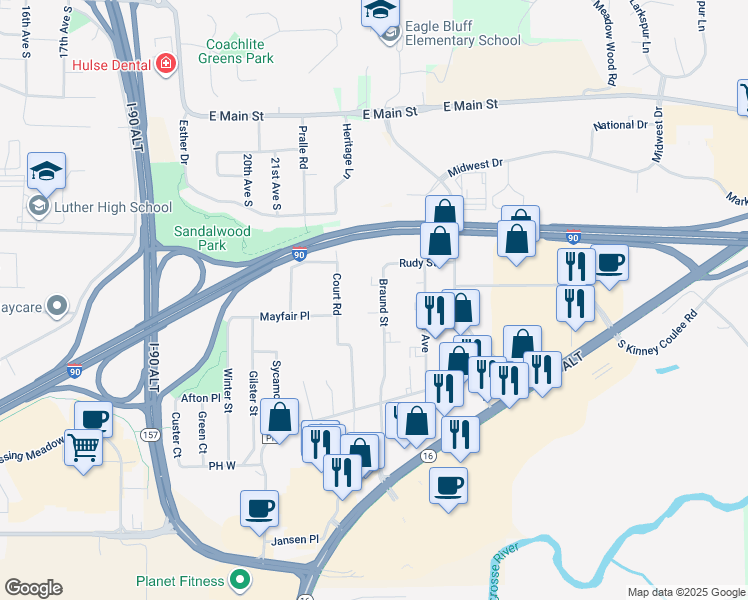 map of restaurants, bars, coffee shops, grocery stores, and more near 546 Braund Street in Onalaska