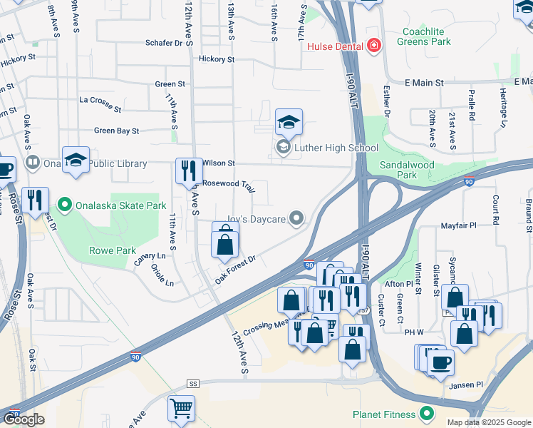map of restaurants, bars, coffee shops, grocery stores, and more near 1342 Barson Court in Onalaska