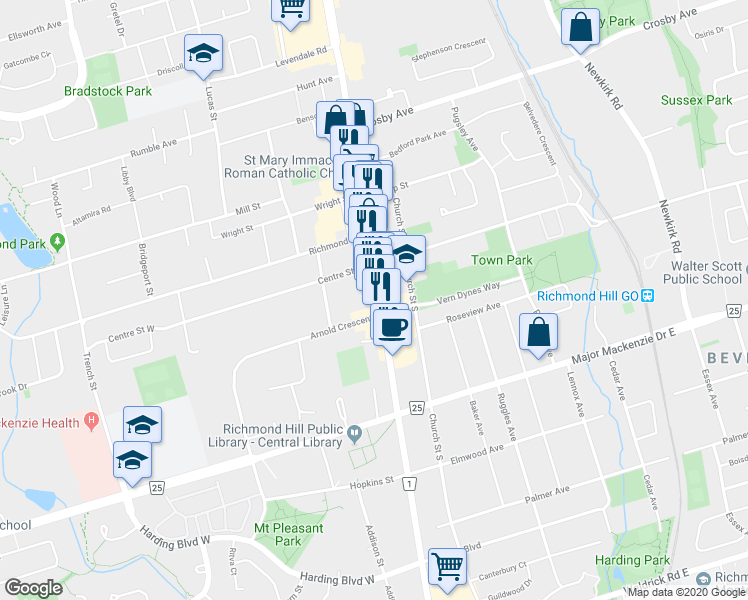 map of restaurants, bars, coffee shops, grocery stores, and more near 10148 Yonge Street in Richmond Hill