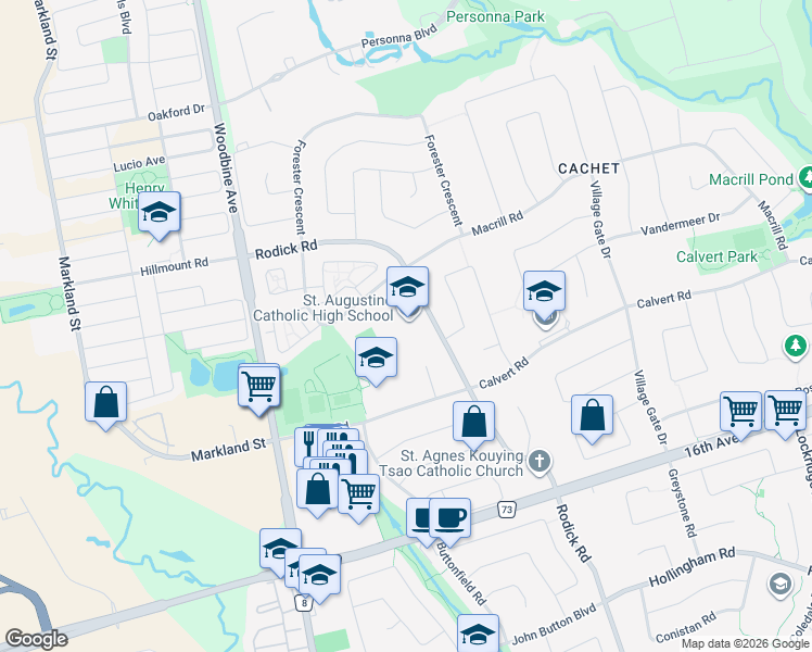 map of restaurants, bars, coffee shops, grocery stores, and more near 2188 Rodick Road in Markham