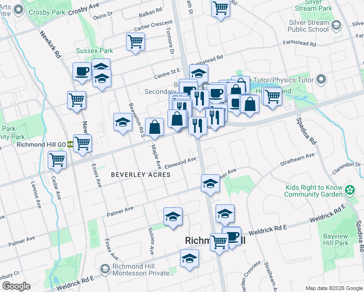 map of restaurants, bars, coffee shops, grocery stores, and more near 165 Colborne Avenue in Richmond Hill
