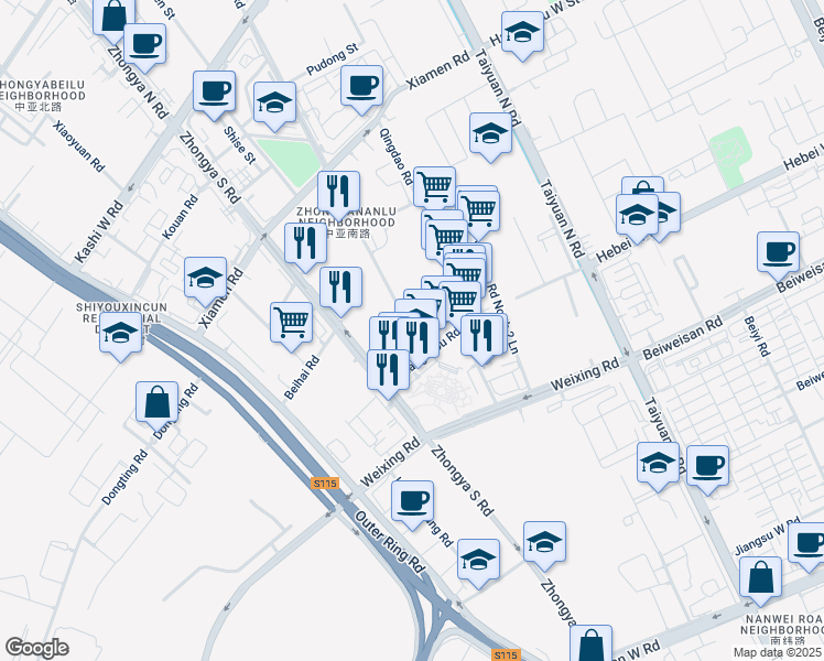 map of restaurants, bars, coffee shops, grocery stores, and more near 20 Shanghai Road in Wulumuqi Shi