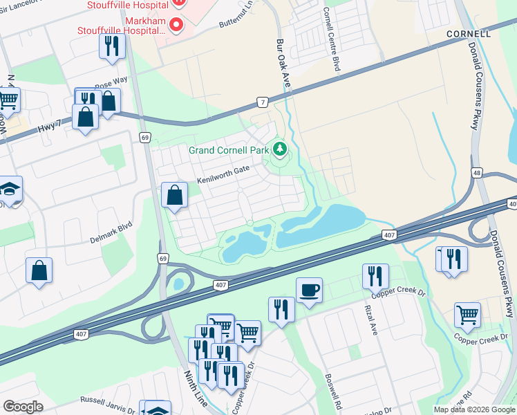 map of restaurants, bars, coffee shops, grocery stores, and more near 7 Wildmoor Street in Markham