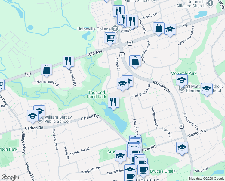 map of restaurants, bars, coffee shops, grocery stores, and more near 68 Aitken Circle in Markham