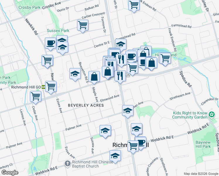 map of restaurants, bars, coffee shops, grocery stores, and more near 165 Colborne Avenue in Richmond Hill