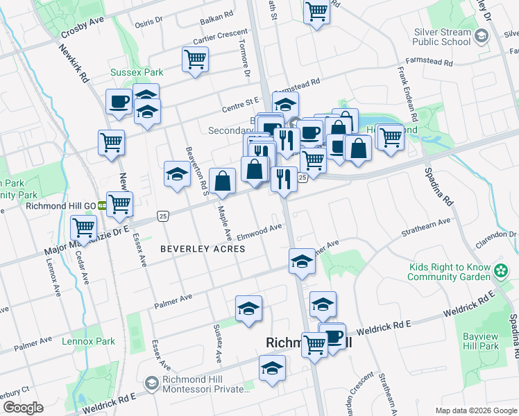 map of restaurants, bars, coffee shops, grocery stores, and more near 165 Colborne Avenue in Richmond Hill
