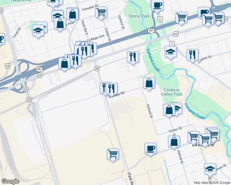 map of restaurants, bars, coffee shops, grocery stores, and more near 328 Malaga Road in Oshawa