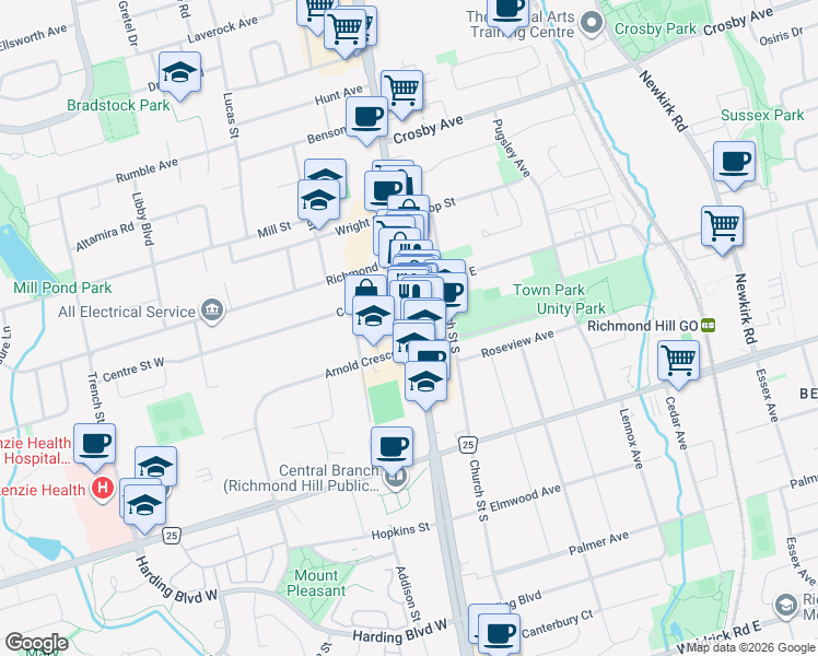 map of restaurants, bars, coffee shops, grocery stores, and more near 10160 Yonge Street in Richmond Hill