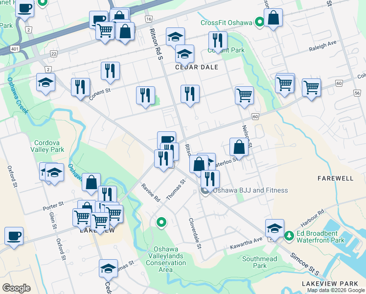 map of restaurants, bars, coffee shops, grocery stores, and more near 954 Ritson Road South in Oshawa