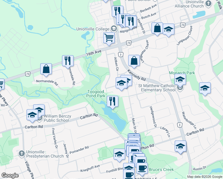 map of restaurants, bars, coffee shops, grocery stores, and more near 68 Aitken Circle in Markham