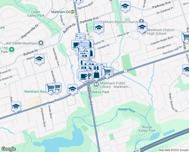 map of restaurants, bars, coffee shops, grocery stores, and more near 5 Washington Street in Markham
