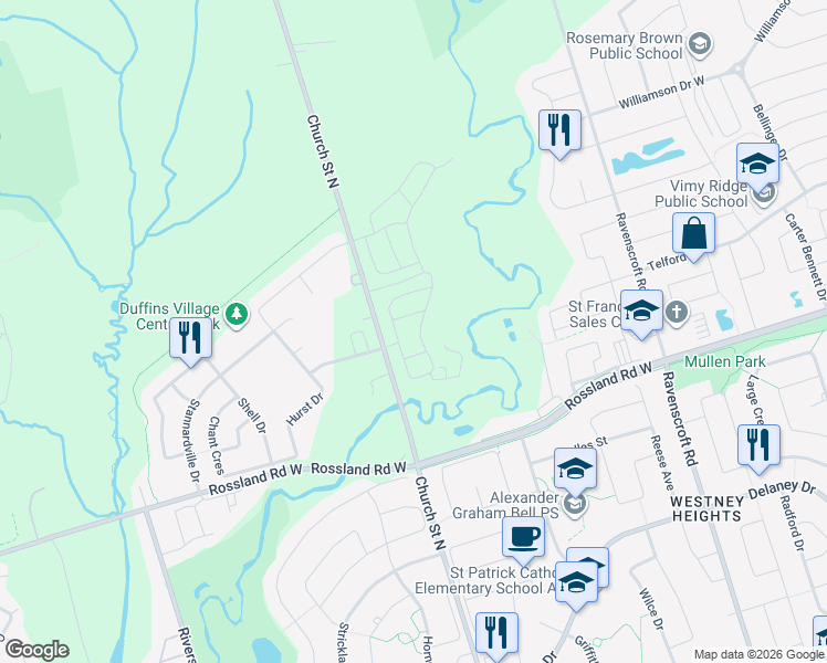 map of restaurants, bars, coffee shops, grocery stores, and more near 38 Workmen's Circle in Ajax