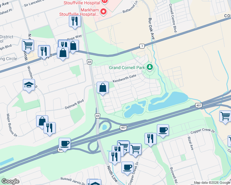 map of restaurants, bars, coffee shops, grocery stores, and more near 26 Outer Banks Drive in Markham